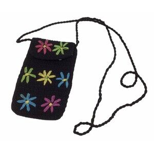 Crossbody Embroidered Purse Holder Cell Phone Wallet Flowers Small Black Crochet